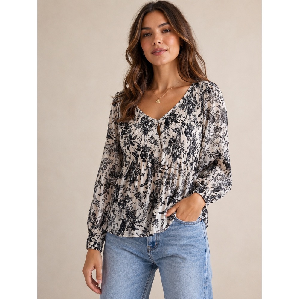 Allison Taylor Women's Black White Floral Smocked Boho Blouse Medium